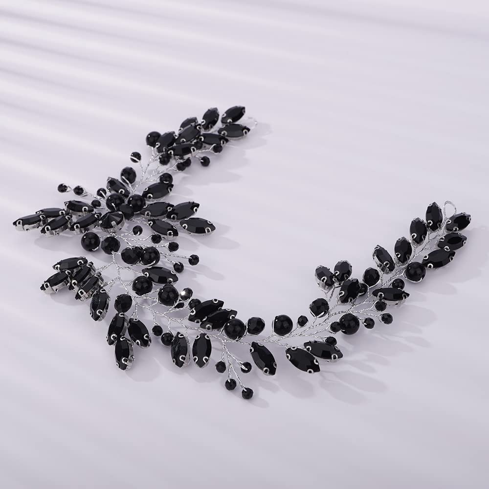 Teyglen Vintage Hairband - Black Crystal Rhinestone Hair Vine Bridal Pearl Headband for Brides, Women