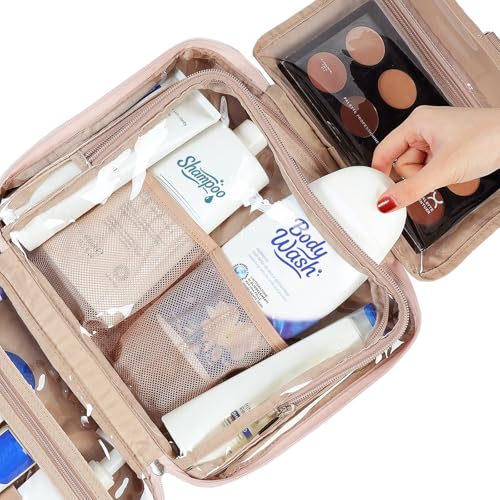 NISHEL Travel Toiletry Bag for Women Large Capacity, Makeup Essentials Organizer, Hanging Case for Accessories, Cosmetics, Pink
