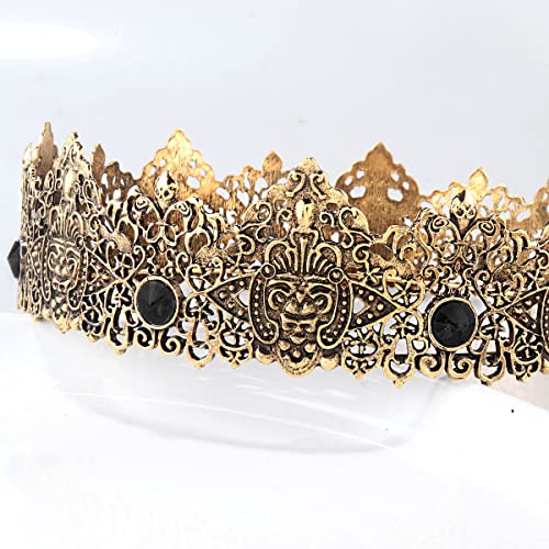 LEEMASING King Men Gold Tiara Crown Imperial Medieval Headband Crystal Pageant Costumes For Wedding Halloween Faire Birthday (Dark Gold With Black Stone)