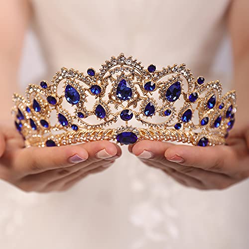 Wekicici Rhinestone Wedding Tiara Charming Blue Gemstone Queen Crown with Comb Headband Wedding Pageant Birthday Party Crowns Princess Headpieces for Women Girls(Blue)