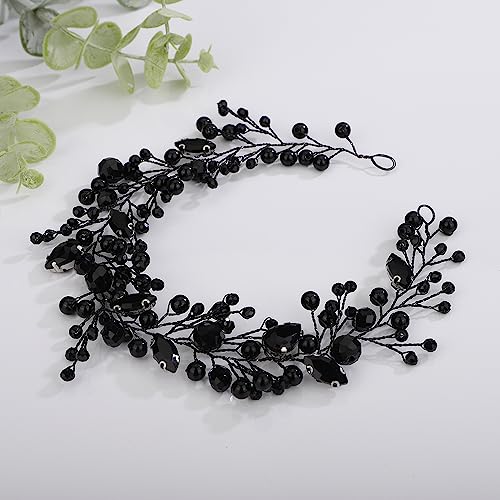 Teyglen Bridal Black Rhinestone Crystal Hair Vine Black Crystal Headband Hair Accessories for Bride Handmade Black Beads Hair Piece Boho Pearl Crystal Headpiece for Women Girl Party Prom (Black)