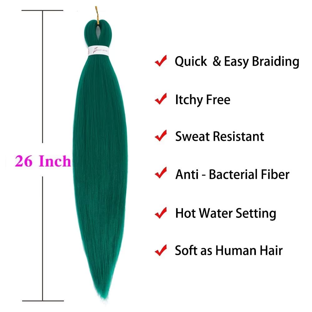 Green Braiding Hair Pre Stretched Green EZ Braiding Hair 6 Packs/Lot 26 Inches Yaki Texture Braiding Hair Hot Water Setting Synthetic Fiber for Crochet Hair Extensions (#Green)