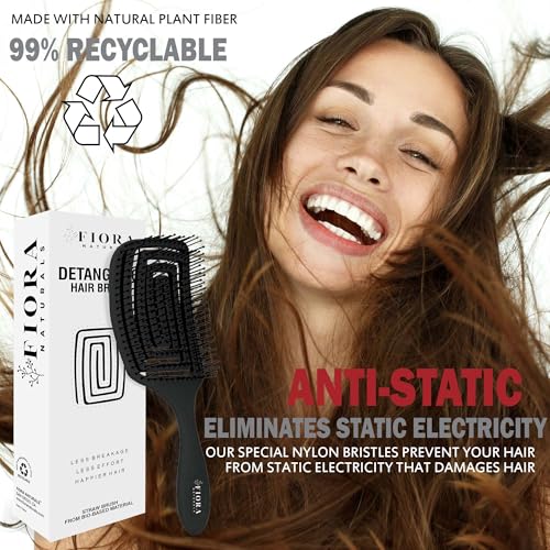 Detangler Brush by Fiora Naturals - 100% Bio-Friendly Detangling brush w/Ultra-Soft Bristles - Glide Through Tangles with Ease - For Curly, Fine, Black Natural, Women, Men, Kids - Dry and Wet Hair
