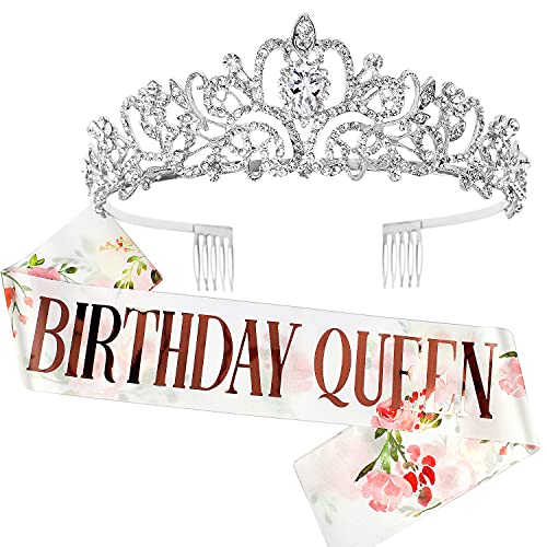 COCIDE Birthday Queen Sash & Rhinestone Tiara Set Silver Birthday Sash and Tiara for Women Birthday Decoration Kit Rhinestone Headband for Girl Glitter Crystal Hair Accessories for Party Cake Topper