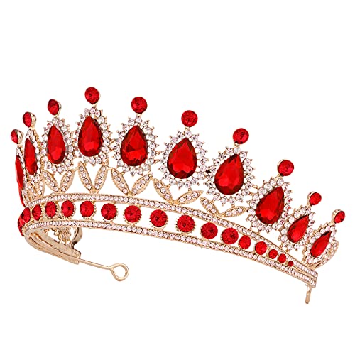 Vofler Tiara for Women, Gold Crown w/ Ruby - Royal Queen Red Crystal Rhinestone Headpiece Headband for Princess Girls Kids Bridal Birthday Wedding Pageant Prom Homecoming Halloween Costume Party