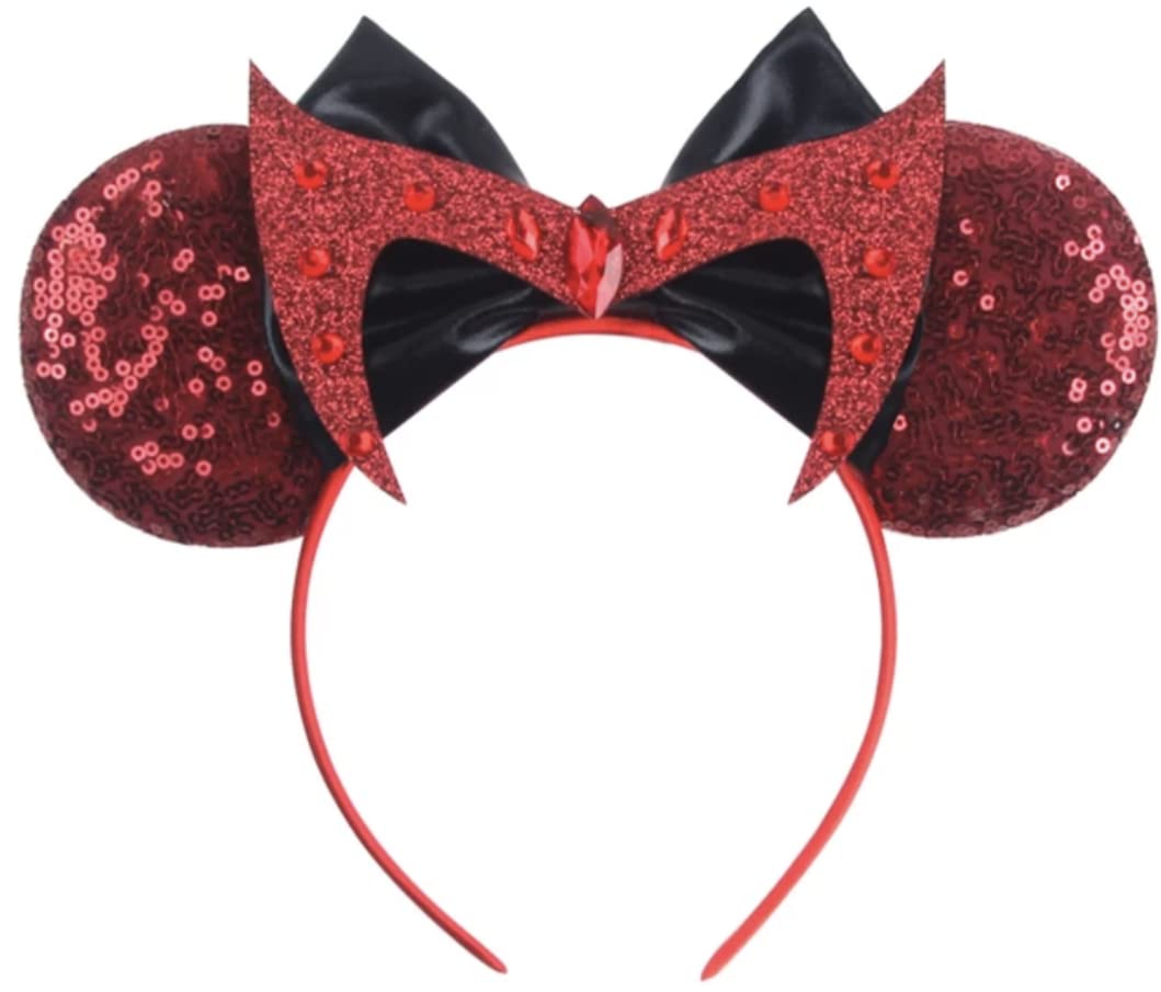 CLGIFT Super Hero Mickey Ears, Adult Hairband, Women's Day, Scarlett Witch (Handmade flexible headband, Sequin on both sides, Bow Size - 5 inches, One size fits all, 1 Count, 100% cotton, Fabric)