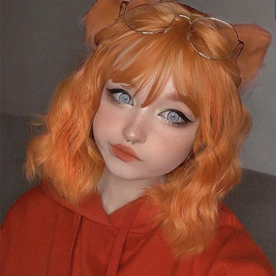 LANOVA Short Curly Wig with Bangs, Yellow Hair Wig, Synthetic Loose Wavy Wigs, Light Orange Wob Wig, 10 inch LANOVA-134-9