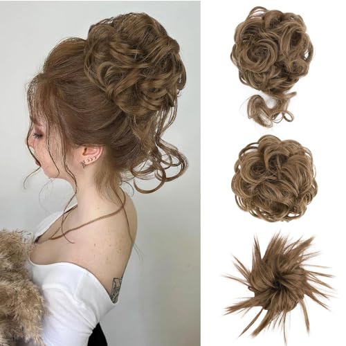 SHUHAOT 3 Pieces Messy Bun Hair Piece Tousled Updo Bun Hair Scrunchies Extension Ponytail Curly Wavy Updo Hair Bun Synthetic Chignon for Women Girl