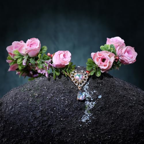 RENEMEGO Pink Rose Fairy Crown - Handmade Floral Crown Elf Floral Headband with Heart Crystal Elven Leaf Headpiece Hair Wreath for Women Girls Wedding Cosplay Party Maternity Props Accessories