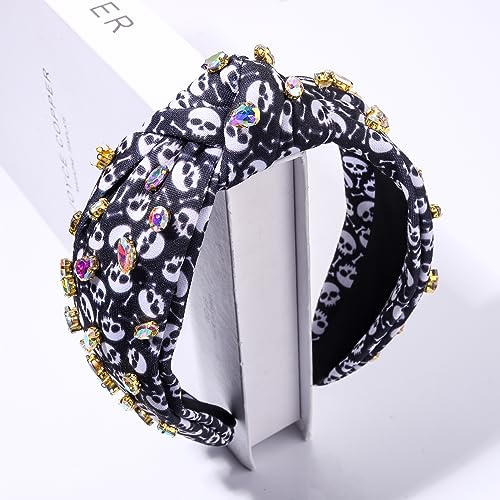 Halloween Crystal Knotted Headband for Women Rhinestone Jeweled Embellished Skull Print Wide Top Knot Hairband Halloween Costume Party Hair Accessory