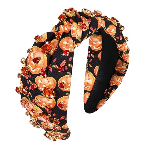 Halloween Headband Crystal Knotted Headband for Women Pumpkin Rhinestone Jeweled Embellished Print Wide Top Knot Hairband Halloween Costume Party Hair Accessory