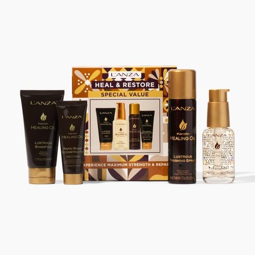 L'ANZA Keratin Healing Oil Hair Care Kit - Travel Size Shampoo, Finishing Spray & Reconstructor | Gift Box (1.7/2/0.68 Fl Oz)