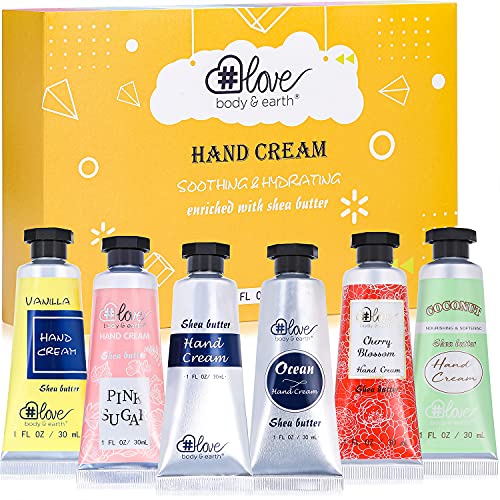 BODY & EARTH # LOVE Hand Cream Gift Set, Mothers Day Gifts for Mom, Mini Moisturizing Hand Lotion with Vitamin E for Dry Hands Cream Travel Size, Nurse Week Gifts, 3 x 2 OZ