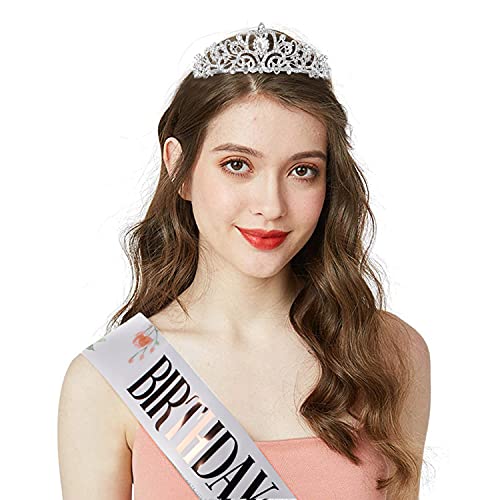 COCIDE Birthday Queen Sash & Rhinestone Tiara Set Silver Birthday Sash and Tiara for Women Birthday Decoration Kit Rhinestone Headband for Girl Glitter Crystal Hair Accessories for Party Cake Topper