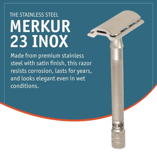 Merkur 23 Inox Stainless Steel Double Edge Safety Razor - Satin Finish, Long Knurled Handle, Three Piece
