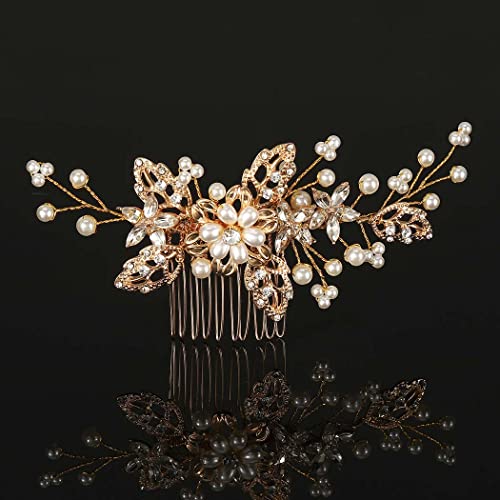 Gorais Pearl Bride Wedding Hair Comb Crystal Bridal Hair Piece Leaf Wedding Hair Accessories Floral Rhinestone Hair Clip Side Combs for Women and Girls