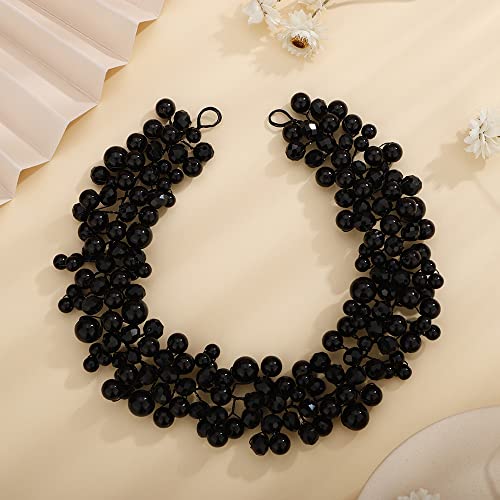 Teyglen Wedding Bride Pearl Crystal Headband Hair Vine Handmade Bridal Black Rhinestones Beads Headband Wedding Hair Accessories for Brides Hair Pieces Headpieces for Women Girl (Black)