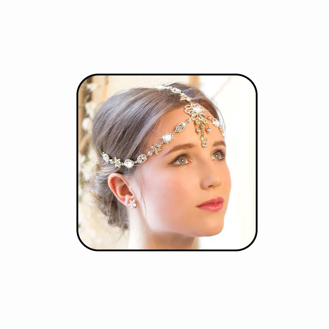 Jerany Rhinestone Head Chain Gold Wedding Headpieces Jewelry Brides Crystal Hair Chain Shiny Forehead Chain Halloween Festival Costume Head Jewelry for Women