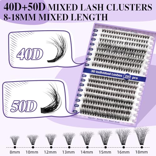 Lash Extensions Kit for Beginners 3D Eyelash Extension Kit 320pcs 40D+50D Lash Clusters Kit 8-18 Mixed Lash Kit Fluffy Individual Lashes Kit with Lash Bond Seal Remover(Q40D+Q50D-8-18MIX)