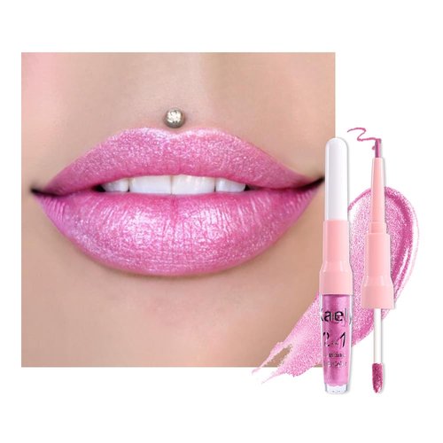 Evpct Pink Metallic Glitter Lip Liner & Lipstick Combo - Long-Lasting Waterproof Rose Pink Shimmer Set