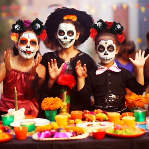 Day of The Dead Headband Halloween Adjustable Flower Garland Headband Flower Crown Hair Wreath Party Decoration Adjustable Bridal Flower Garland Headband Flower Crown Hair Wreath(red and black)