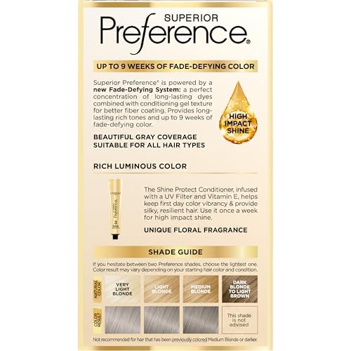 L'Oreal Paris Superior Preference Luminous Fade-Defying Permanent Hair Color, Hair Dye For Up to 9 Weeks of Radiance, Light Silver Blonde 8S, 1 Hair Dye Kit