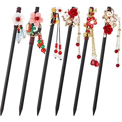 WILLBOND 6 Pcs Chinese Hair Chopsticks for Women Wooden Hair Accessories Japanese Floral Hair Sticks Retro Tassel Flower Vintage Hairpins Handmade Hair Pins for Women Long Curly Hair(Elegant Pattern)