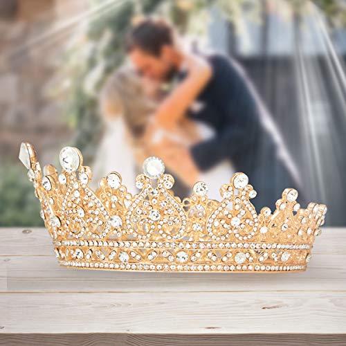 Vofler Crown Gold Tiara for Women Queen-Round Crystal Rhinestone Hair Jewelry Decor Toddler for King Ladies Girls Bridal Bride Princess Quinceanera Birthday Wedding Pageant Halloween Costume Party