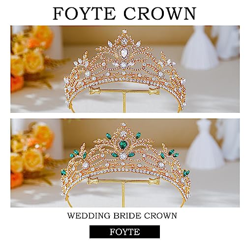 Foyte Baroque Queen Crown Wedding Rhinestone Tiara Gold Bride Crystal Hair Accessories Princess Gemstones Headband Crowns for Women (green rhinestone)