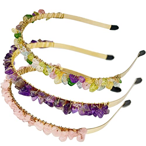 FZBHRO Rose Quartz and Amethyst Hair Accessories: Raw Crystal Tiara with Colorful Spiritual Beads for Girls (3pcs)