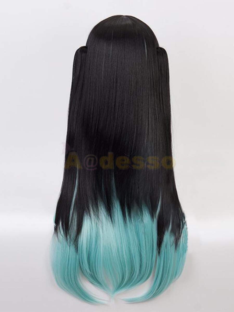 Aadesso Anime Kimetsu no demon Cosplay Tokitou Muichirou Long Gradient Black Blue Hair with Two Tail-Clips