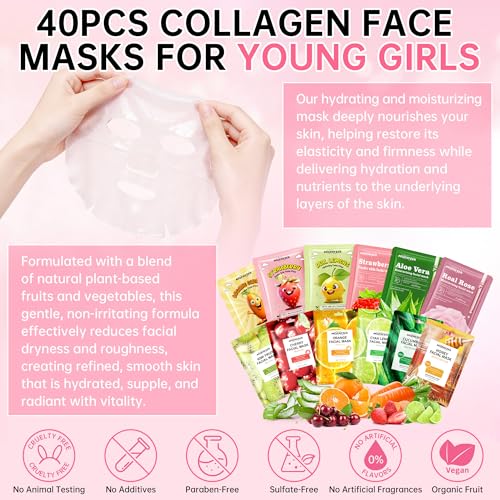 Collagen Face Masks Skincare Set for Women, Spa Face Mask with Collagen Extract, Bulk Facial Masks for Teen Girls, Korean Face Mask Sheet Gift for Sensitive Skin, Daily Hydrating Skincare Routine