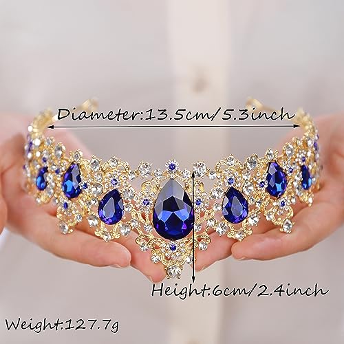 BERYUAN Bridal Baroque Blue Crystal Gold Headpiece Gold Princess Wedding Headband Royal Crystal Rhinestone Hair Costume for Women and Girls (gold)