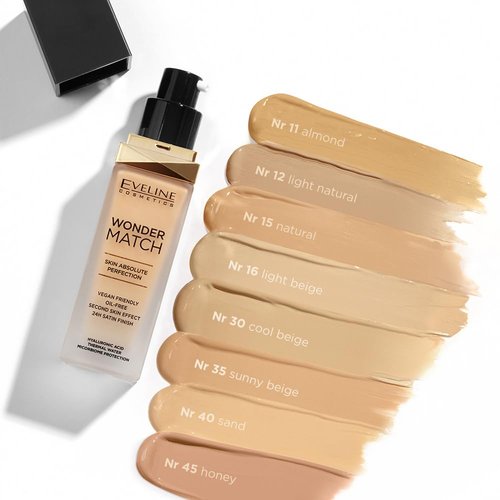 Eveline Cosmetics Wonder Match Foundation - Hydrating, Adaptive Formula for All Skin Types - Long-Lasting Satin Finish