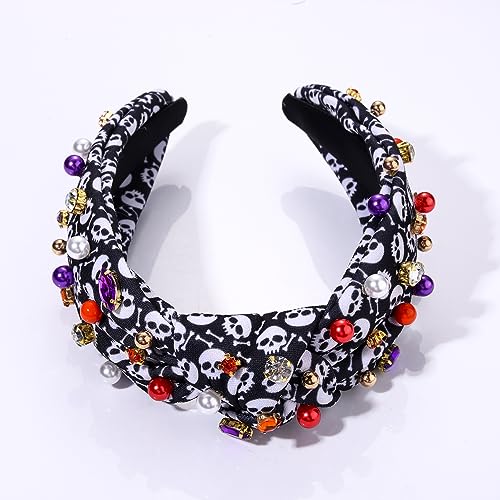 HSWE Halloween Headband Crystal Knotted Headband for Women Pearl Rhinestone Jeweled Embellished Skull Print Wide Top Knot Hairband Halloween Costume Cosplay Party Decoration