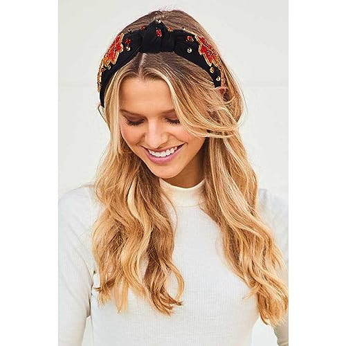 mokkia Fall Headband for Women Thanksgiving Rhinestone Pearl Knotted Headband Orange Beaded Maple Leaf Embellished Headband Wide Top Knot Headband Autumn Fall Accessories Outfits Gifts (Maple Leaf 1)