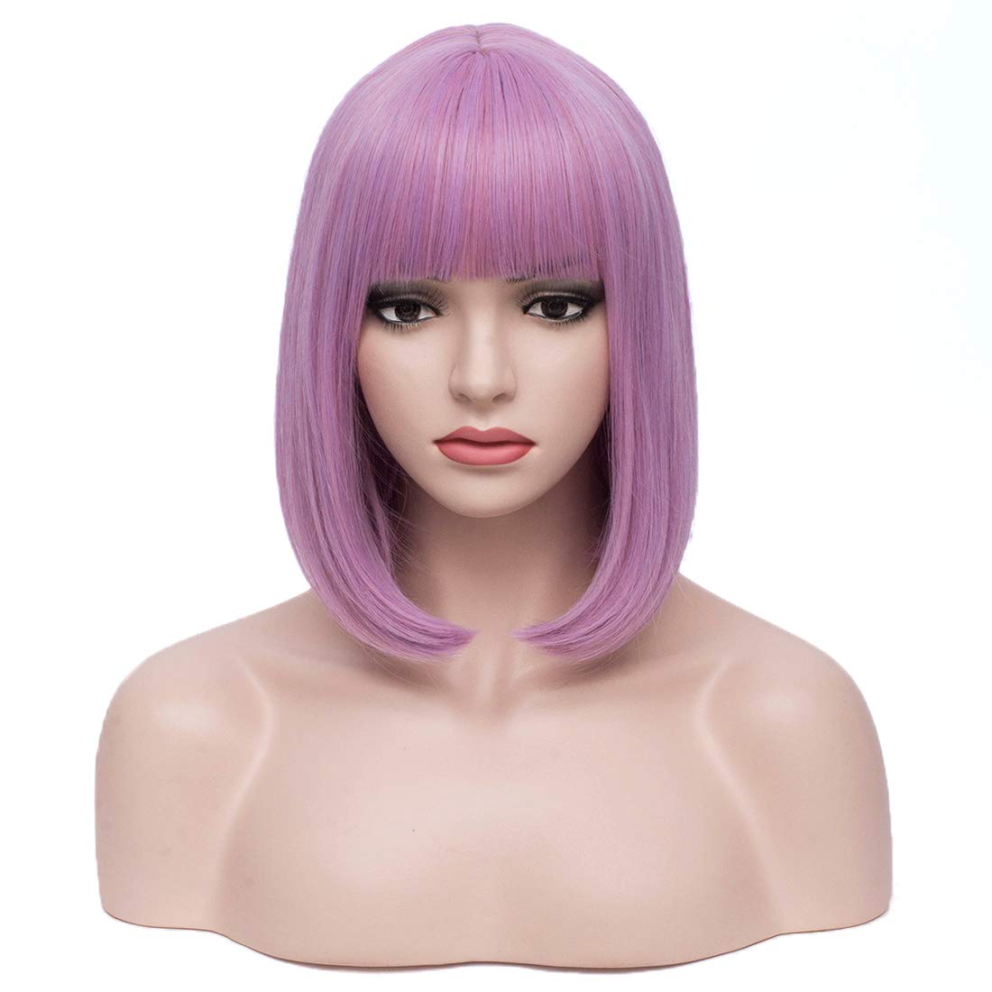 BERON 12 Inches Lavender Bob Wig Short Straight Purple Wig with Bangs for Women Light Purple Wig Halloween Cosplay or Daily Use Wigs (Lavender Purple)