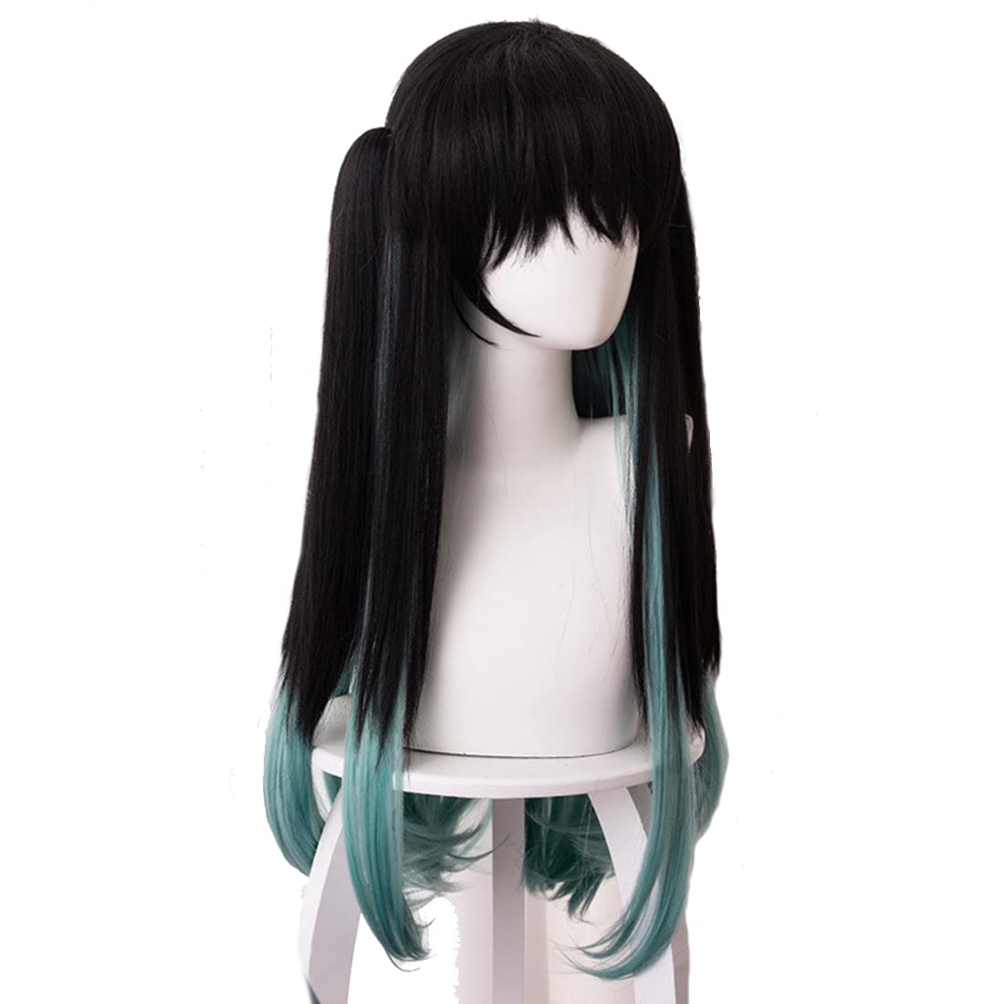 Aadesso Anime Kimetsu no demon Cosplay Tokitou Muichirou Long Gradient Black Blue Hair with Two Tail-Clips