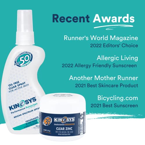 KINeSYS Fragrance Free Clear Spray Sunscreen for sensitive skin, SPF 30, Hypoallergenic, Broad Spectrum UVA/UVB protection for Body, Alcohol, PABA and Oxybenzone FREE, 170+ Sprays, 1 Fl Oz (Pack of 2)