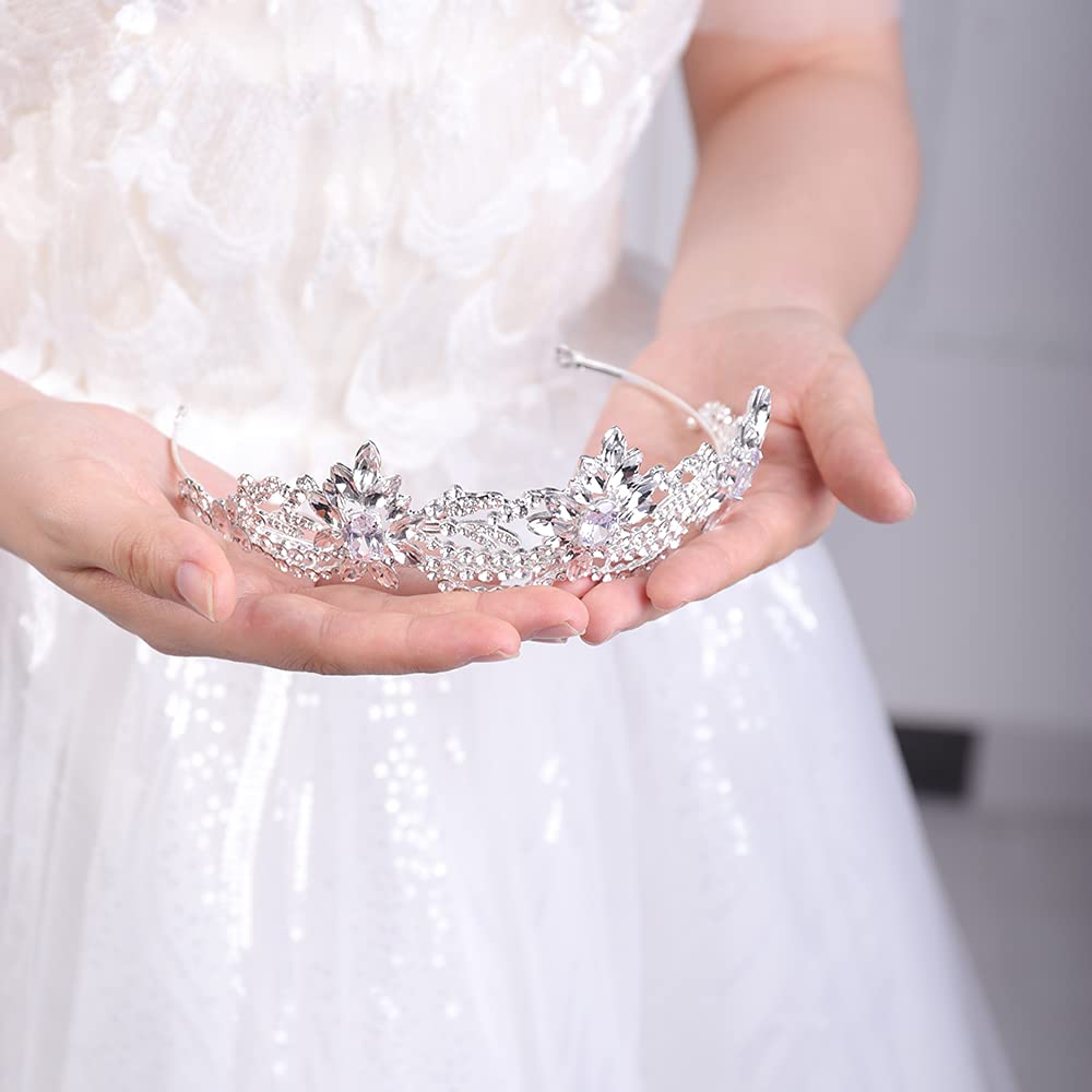 JWICOS Rhinestone Tiara for Women Crystal Queen Crown Wedding Bridal Party (Silver)