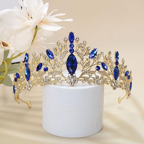 S SNUOY Royal Queen Crowns Crystal Tiaras and Crowns for Women Flower Crown for Birthday Party Headband - Blue&Gold