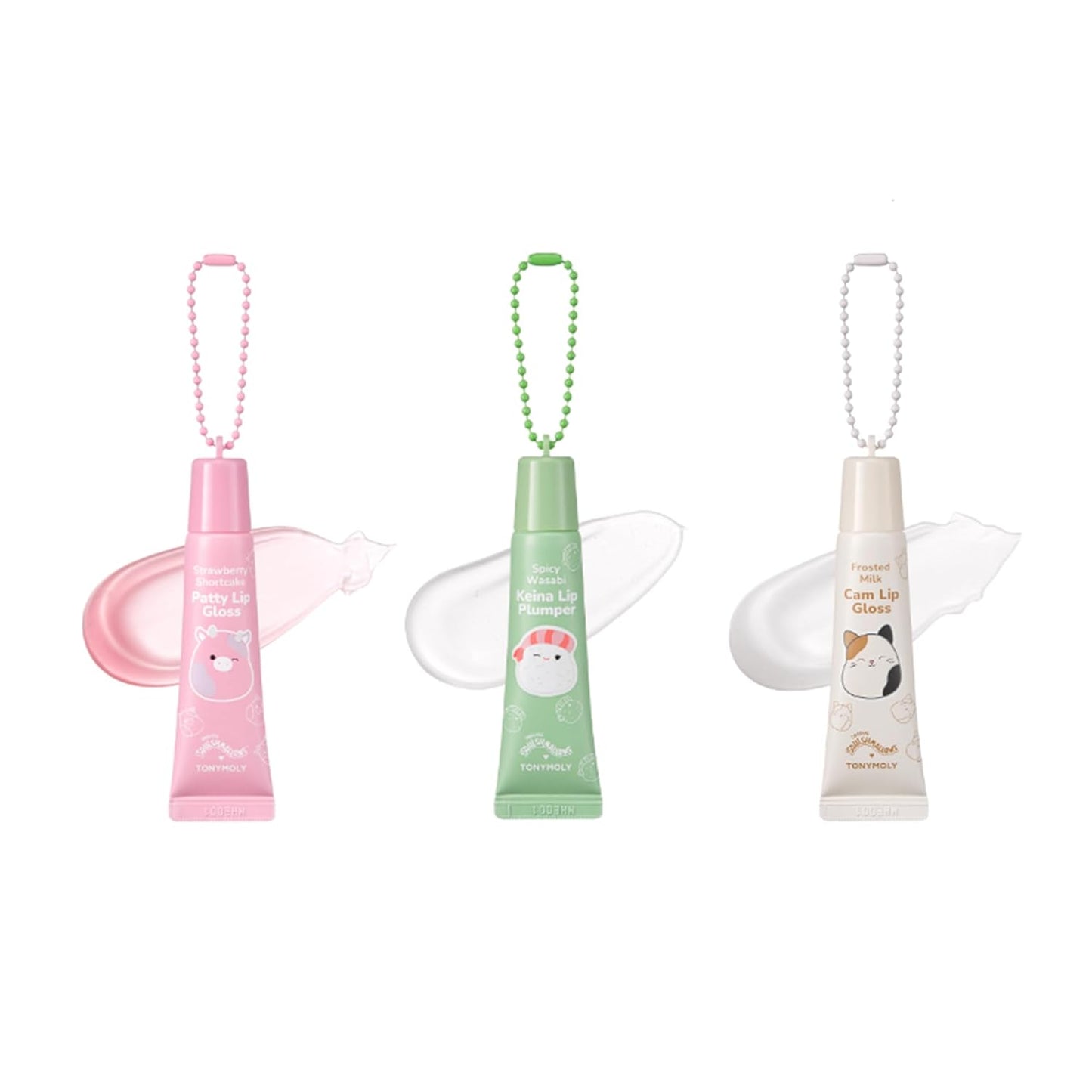 TONYMOLY x Squishmallows Hot Fudge Sundae - Cam Keychain Lip Gloss, Frosted Milk Gloss + Carmelita Keychain Lip Gloss, Chocolate Glaze Gloss + Christo Keychain Lip Gloss, Sheer Cherry Red Gloss, 11ml