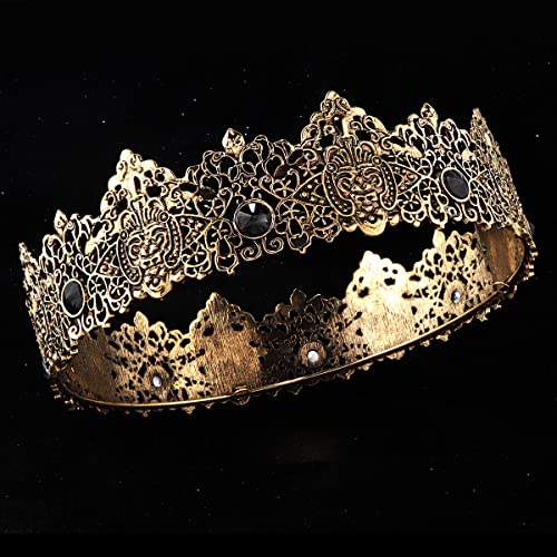 LEEMASING King Men Gold Tiara Crown Imperial Medieval Headband Crystal Pageant Costumes For Wedding Halloween Faire Birthday (Dark Gold With Black Stone)