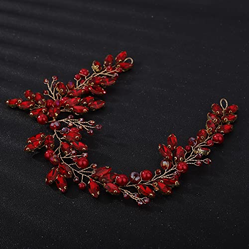 Teyglen Rhinestones Pearls Crystal Bridal Headband Hair Vine, Handmade Headpieces for Brides and Women (Red)