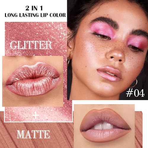 Rose Gold Metallic Lip Liner and Lipstick Combo Lip Gloss Tints Stain Set Makeup for Women Long Lasting Waterproof 24, Light Pink Metallic Glitter Shimmer Iridescent Liquid Lipstick lippies Lip Gloss