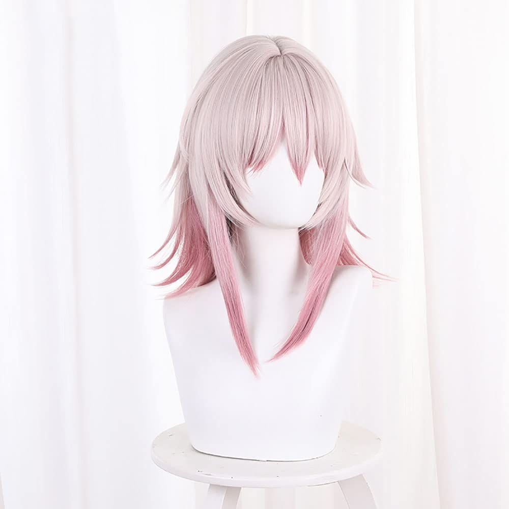 XiongXiongLe Cosplay Game Honkai Star Rail March 7th Wig Grey Pink Gradient Cherry Pink Upturned Medium Long Hair Replacement Wigs for Women Girls Cos Party Halloween Christmas(March 7th)