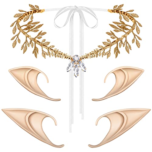 Bonuci Elf Headpiece and Elf Ear Set 2 Pairs Soft Elf Ears with Fairy Leaf Pixie Headband for Women Halloween Wedding Cosplay (Fresh Style)