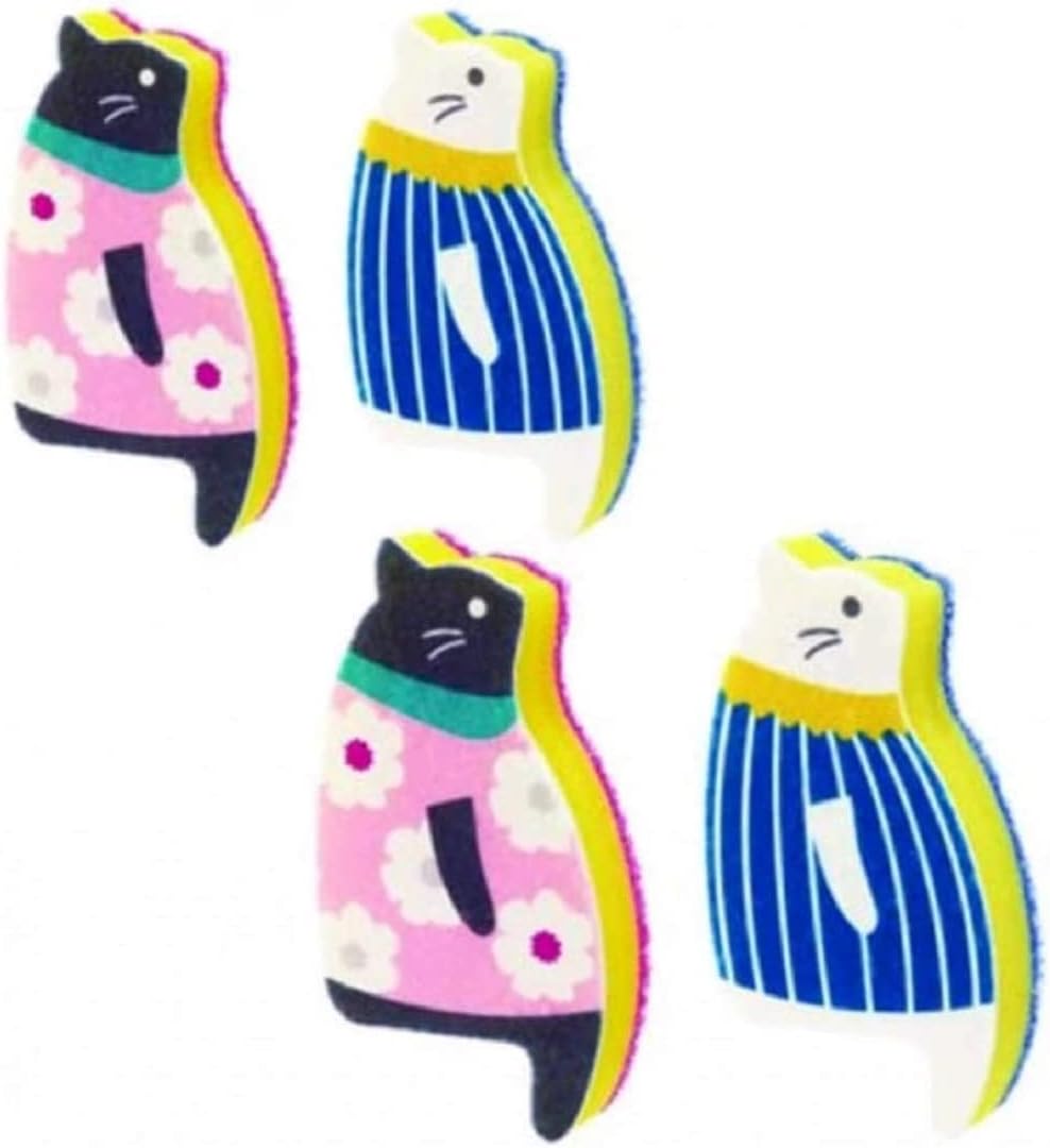 Skiennix Cat Dish Sponge Scrubber - Effective Dishwashing Cloth Set of 4 | Blue & Pink Colors