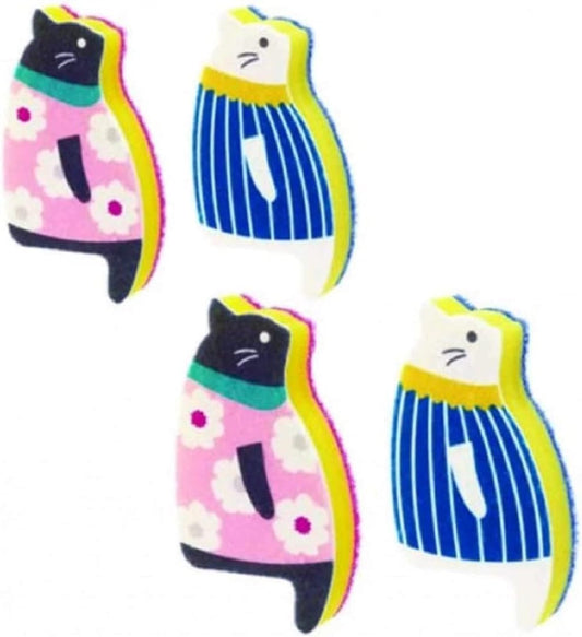 Skiennix Cat Dish Sponge Scrubber - Effective Dishwashing Cloth Set of 4 | Blue & Pink Colors