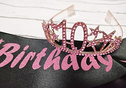 Happy 10th Birthday Tiara and Sash Gifts Crystal Rhinestone Princess Crown Birthday Girl Party Favor Supplies Pink Crowns Black Sash